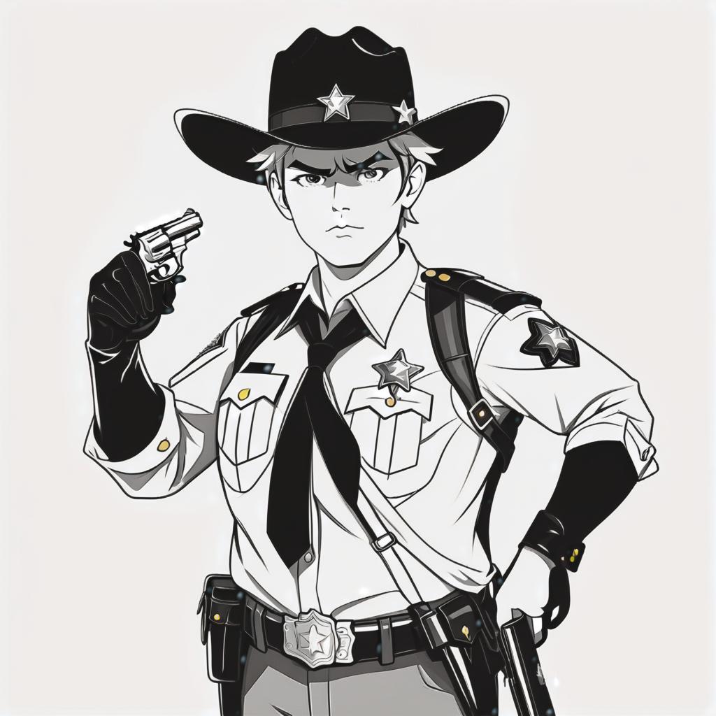  line art drawing sheriff, same nightmare. anime style . professional, sleek, modern, minimalist, graphic, line art, vector graphics