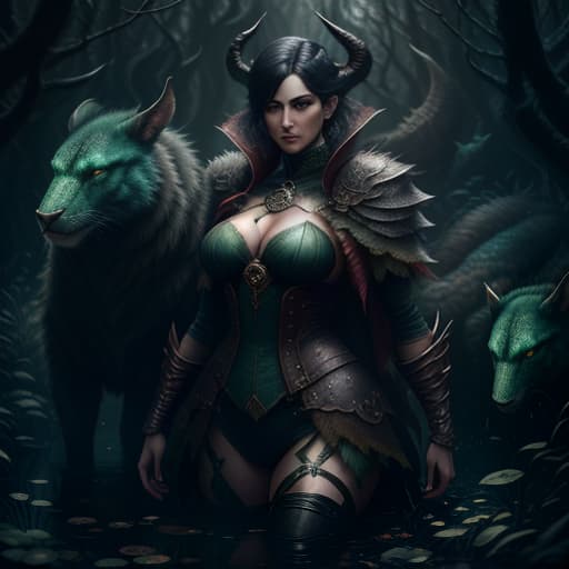 Morrigan from dragon age, surrounded by animals in a swamp. A stern look with a sneer hyperrealistic, full body, detailed clothing, highly detailed, cinematic lighting, stunningly beautiful, intricate, sharp focus, f/1. 8, 85mm, (centered image composition), (professionally color graded), ((bright soft diffused light)), volumetric fog, trending on instagram, trending on tumblr, HDR 4K, 8K