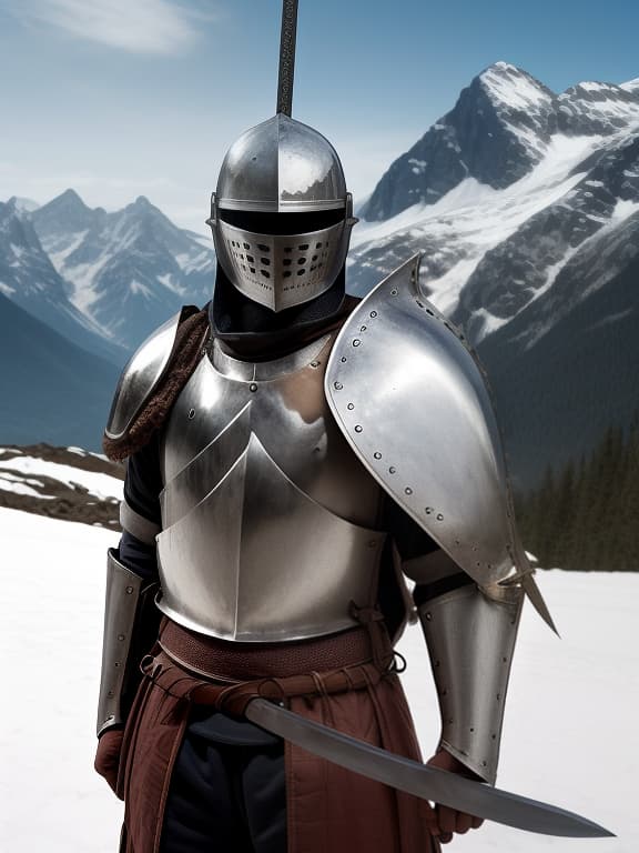  knight without a helmet with an open face with a sword in his hand against the background of the mountains