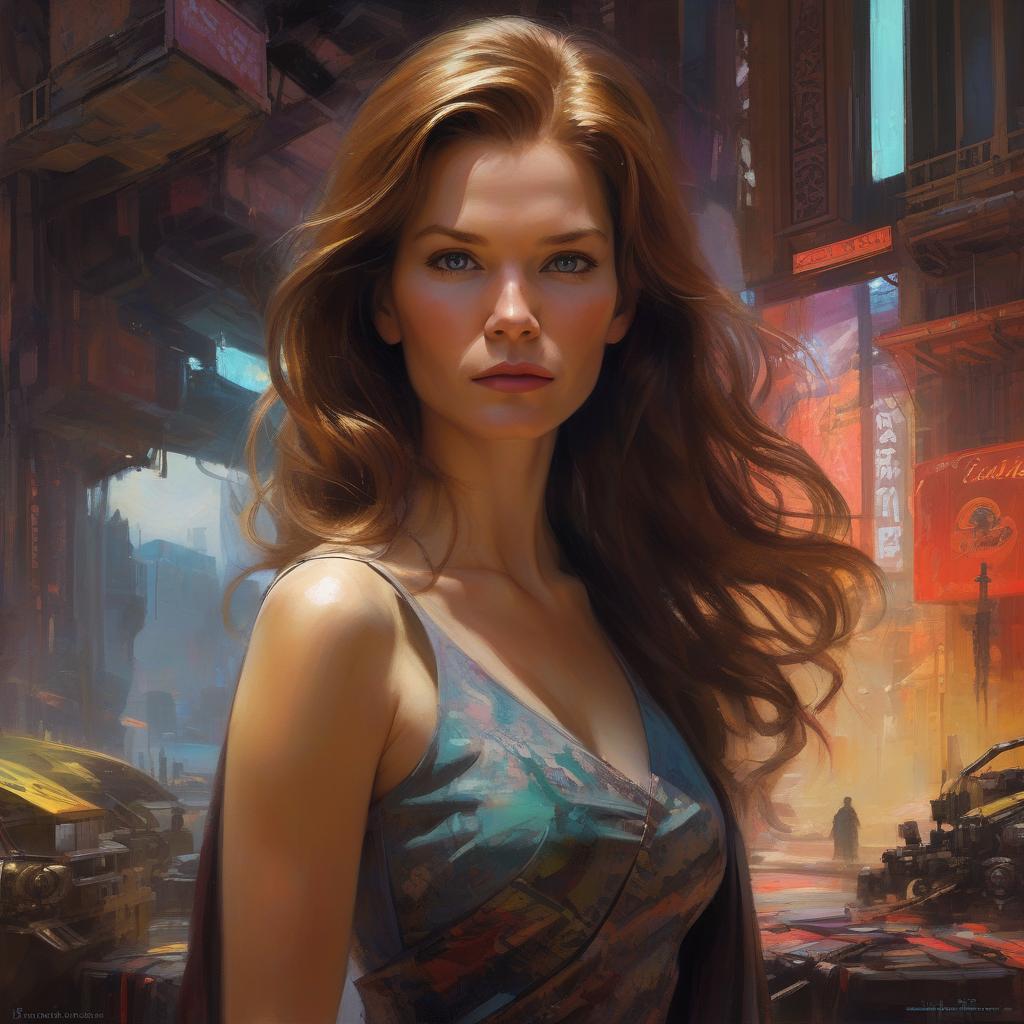  concept art portrait captures young kathryn janeway at 20, long hair flowing, hybrid style merging the meticulous finesse of carne griffith and michael garmash with ivan shishkin's intricate realism, oriental color palette with deep, saturated hues, neon ambient lighting contrasts abstract black oil textures, mecha aesthetic intertwined with detailed acrylic brushwork, grunge elements adding raw atmosphere, . digital artwork, illustrative, painterly, matte painting, highly detailed