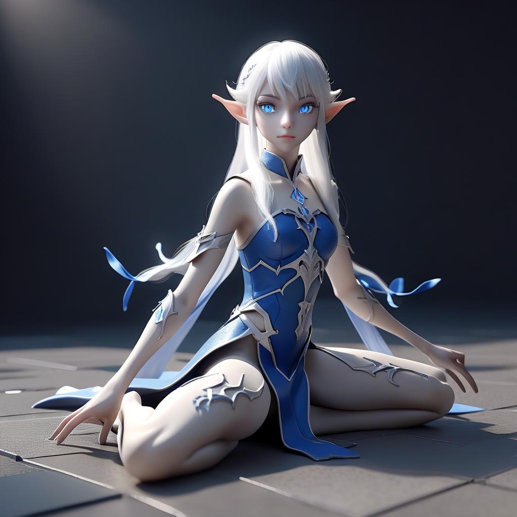  professional 3d model .1 (half elf, half demon), sits on the floor, the body (s) is fully visible ++++ (very high detail) japanese ( + ++) s, falls to the ground, one hand rests on the ground, the second hand is stretched forward (palm open) white hair, 2 size, blue eyes (luminous eyes), slender body, legs wide apart, 15 meters from the camera, high detail, the perspective of the is distant in full growth . octane render, highly detailed, volumetric, dramatic lighting, perfect hands