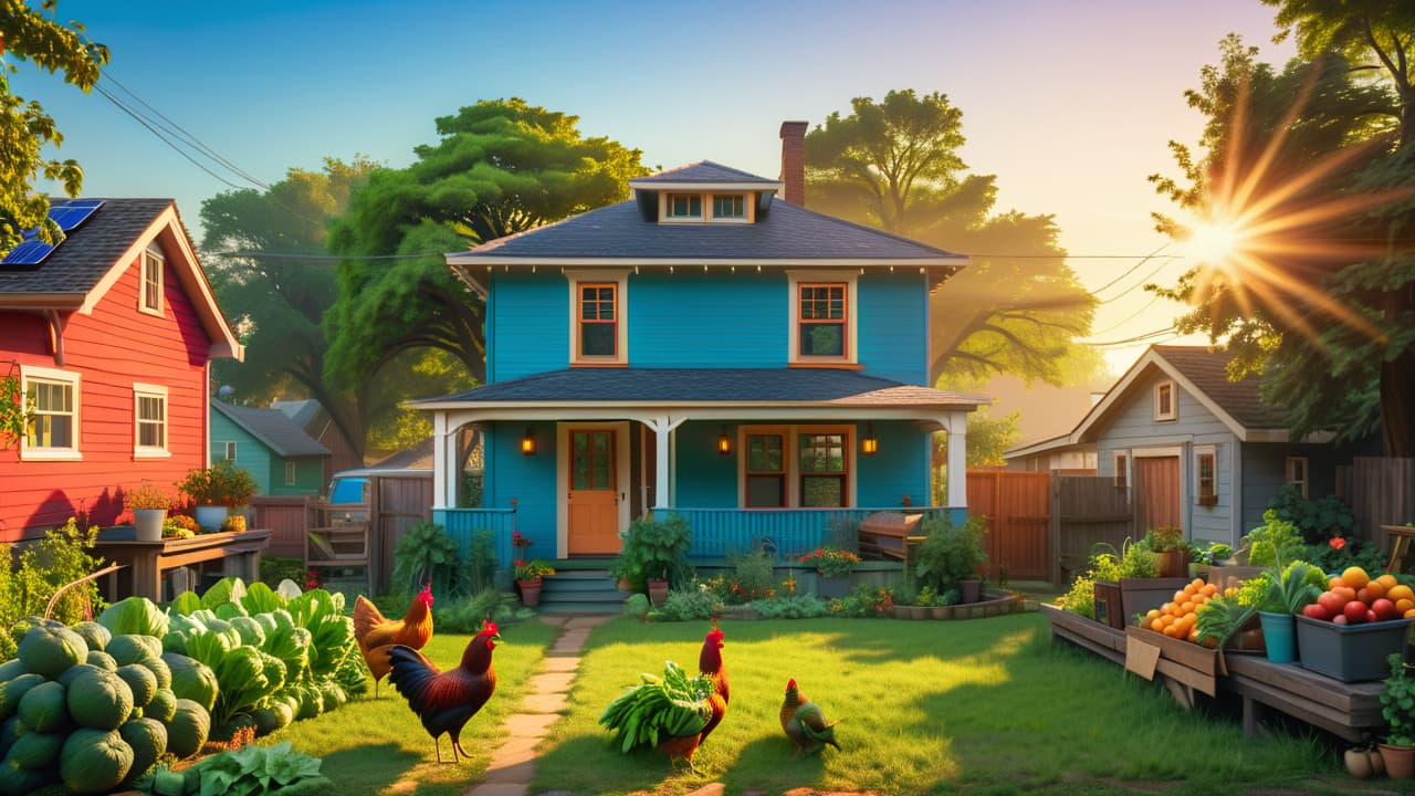  a vibrant urban homestead in texas featuring a cozy, colorful garden with vegetables, chickens roaming freely, a small farmhouse with solar panels, and a backdrop of the city skyline under a bright blue sky. hyperrealistic, full body, detailed clothing, highly detailed, cinematic lighting, stunningly beautiful, intricate, sharp focus, f/1. 8, 85mm, (centered image composition), (professionally color graded), ((bright soft diffused light)), volumetric fog, trending on instagram, trending on tumblr, HDR 4K, 8K