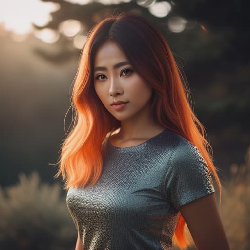  Torso de mujer Asiatica. Ojos grandes y pelo naranja , hyperrealistic, high quality, highly detailed, cinematic lighting, intricate, sharp focus, f/1. 8, 85mm, (centered image composition), (professionally color graded), ((bright soft diffused light)), volumetric fog, trending on instagram, HDR 4K, 8K