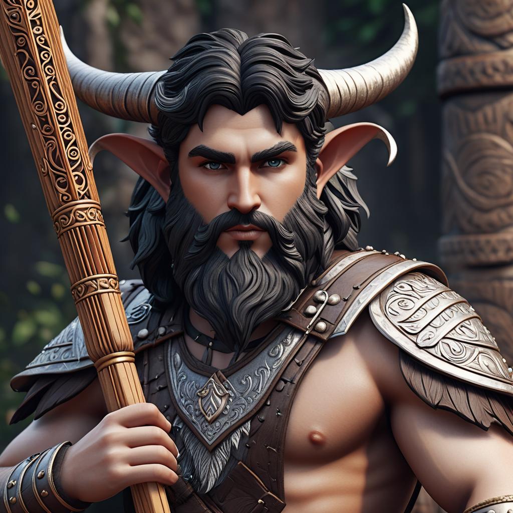  dark haired white skinned charming satyr bard with a mans face wearing leather armor that plays the pan flute and wields a magical sword. the satyr appears clean and educated. photo realistic, highly intricate and detailed, masterpiece, ultra high res,photography,8k resolution