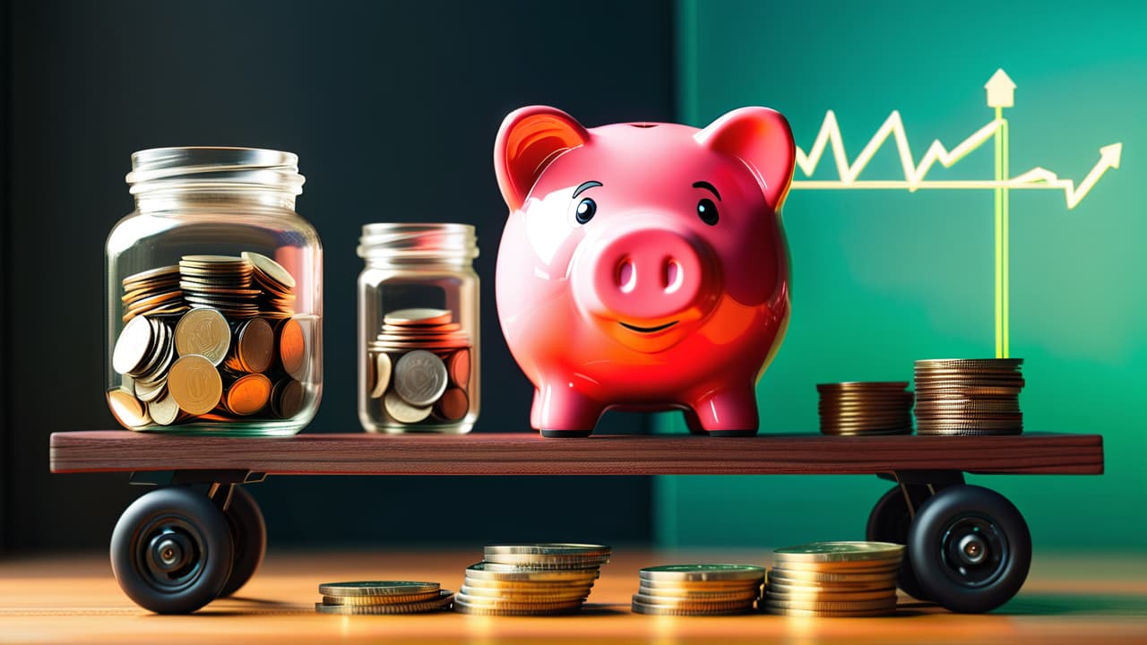  a balanced scale with four distinct sections: budgeting (coins), saving (piggy bank), investing (stock market graph), and spending (shopping cart), all set against a serene backdrop of a financial planner's desk. hyperrealistic, full body, detailed clothing, highly detailed, cinematic lighting, stunningly beautiful, intricate, sharp focus, f/1. 8, 85mm, (centered image composition), (professionally color graded), ((bright soft diffused light)), volumetric fog, trending on instagram, trending on tumblr, HDR 4K, 8K