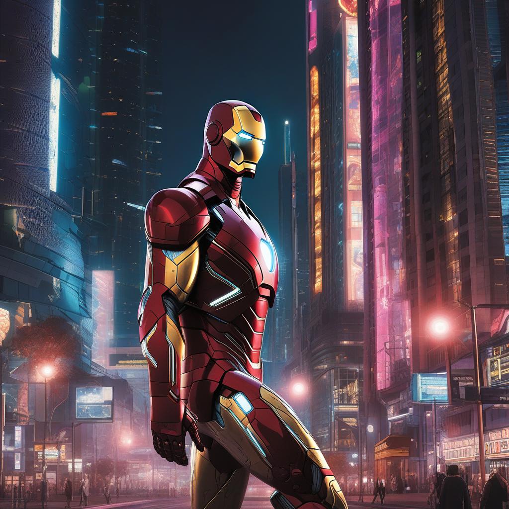  masterpiece, best quality, Best quality, masterpiece, 8k resolution, realistic, highly detailed, close up of Iron Man. In a cyberpunk-style night scene of the city, he stands on a street lined with tall buildings. The city's night lights are bright, The surrounding buildings and streets are filled with cyberpunk elements such as neon lights, high-tech devices, and futuristic architectural designs.