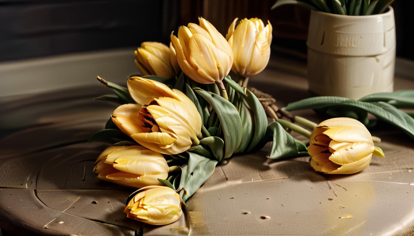  cinematic film still bundle of yellow tulips on the table . shallow depth of field, vignette, highly detailed, high budget, bokeh, cinemascope, moody, epic, gorgeous, film grain, grainy, civitai