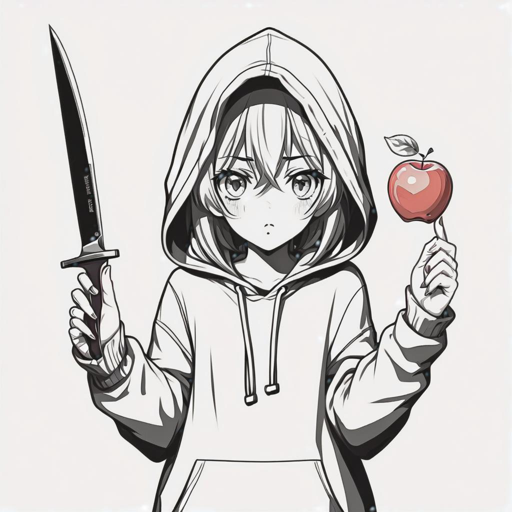  line art drawing girl in hood hold apple in one hand, and knife in other hand, same nightmare. anime style . professional, sleek, modern, minimalist, graphic, line art, vector graphics