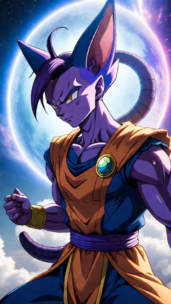  an anime art depicting beerus's chilling influence on saiyan fate in dragon ball super. hyperrealistic, full body, detailed clothing, highly detailed, cinematic lighting, stunningly beautiful, intricate, sharp focus, f/1. 8, 85mm, (centered image composition), (professionally color graded), ((bright soft diffused light)), volumetric fog, trending on instagram, trending on tumblr, HDR 4K, 8K