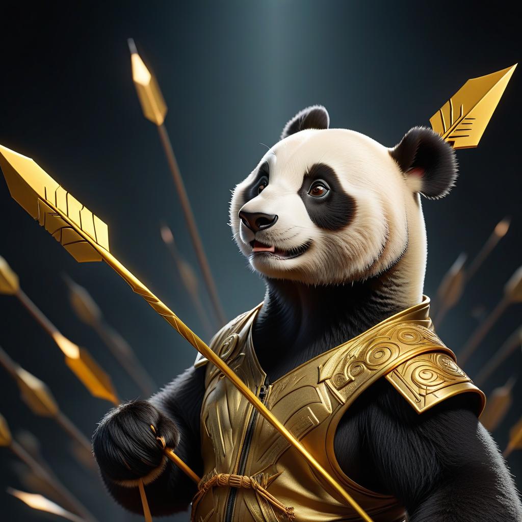  create a golden colored picture in the center of a cartoon brutal panda on the side with one arrow zigzagging up and one arrow zigzagging down pointing the course up and down on a black background hyperrealistic, full body, detailed clothing, highly detailed, cinematic lighting, stunningly beautiful, intricate, sharp focus, f/1. 8, 85mm, (centered image composition), (professionally color graded), ((bright soft diffused light)), volumetric fog, trending on instagram, trending on tumblr, HDR 4K, 8K