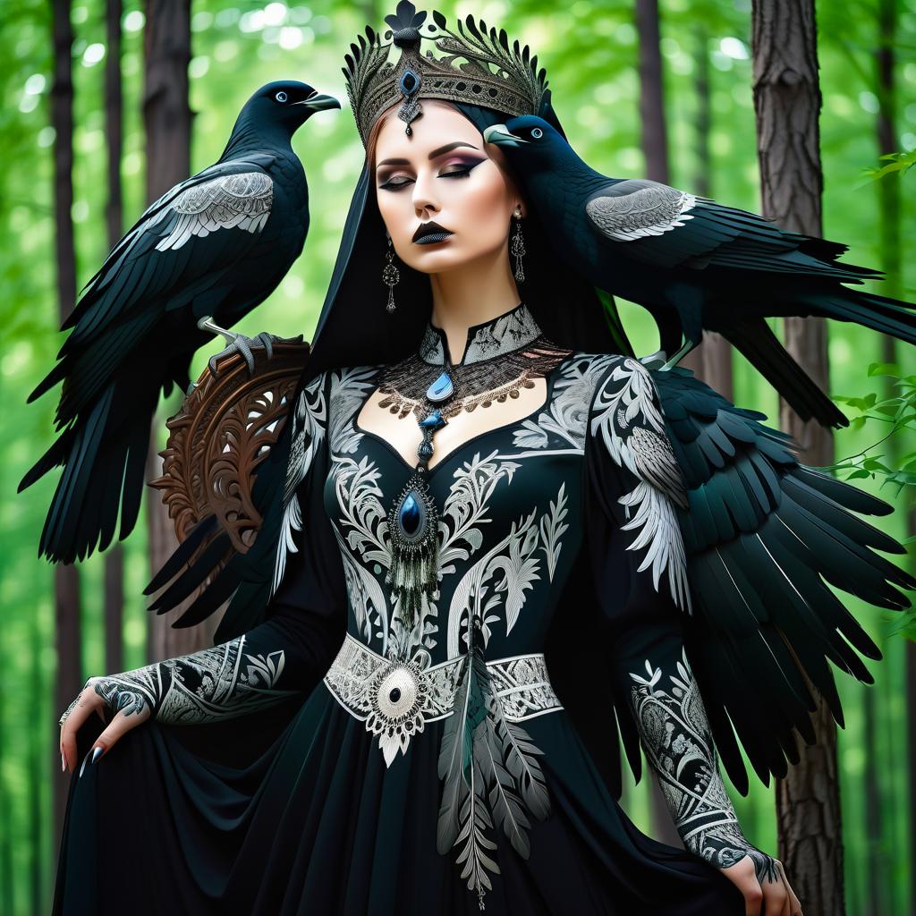  gothic style front view, fabulous creature gamayun, human woman of slavic appearance with the body of a bird, deciduous forest in summer . dark, mysterious, haunting, dramatic, ornate, detailed, hkmagic