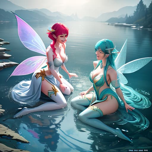  Two fairies fly above the water surface of the river, smiling and laughing slyly, pretty fish appear from the water on both sides., shot 35 mm, realism, octane render, 8k, trending on artstation, 35 mm camera, unreal engine, hyper detailed, photo realistic maximum detail, volumetric light, realistic matte painting, hyper photorealistic, trending on artstation, ultra detailed, realistic hyperrealistic, full body, detailed clothing, highly detailed, cinematic lighting, stunningly beautiful, intricate, sharp focus, f/1. 8, 85mm, (centered image composition), (professionally color graded), ((bright soft diffused light)), volumetric fog, trending on instagram, trending on tumblr, HDR 4K, 8K