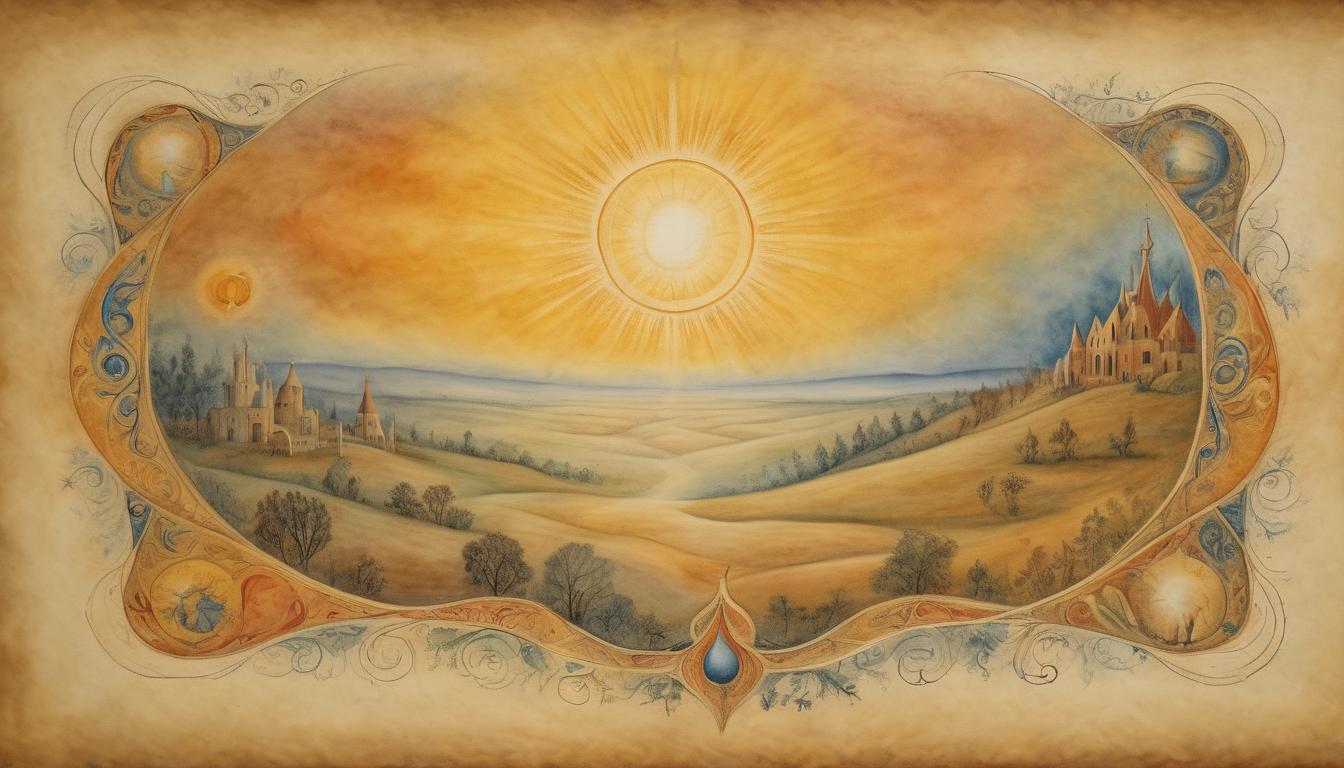  on parchment, surrealism++, radiant sunrise, divine new beginning, celestial awakening, spiritual dawn, ethereal commencement(mysterious, provocative, symbolic)++