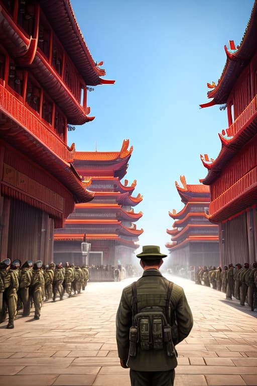  The Republic of China National Army Tiananmen Blue Sky White Sun Flag hyperrealistic, full body, detailed clothing, highly detailed, cinematic lighting, stunningly beautiful, intricate, sharp focus, f/1. 8, 85mm, (centered image composition), (professionally color graded), ((bright soft diffused light)), volumetric fog, trending on instagram, trending on tumblr, HDR 4K, 8K