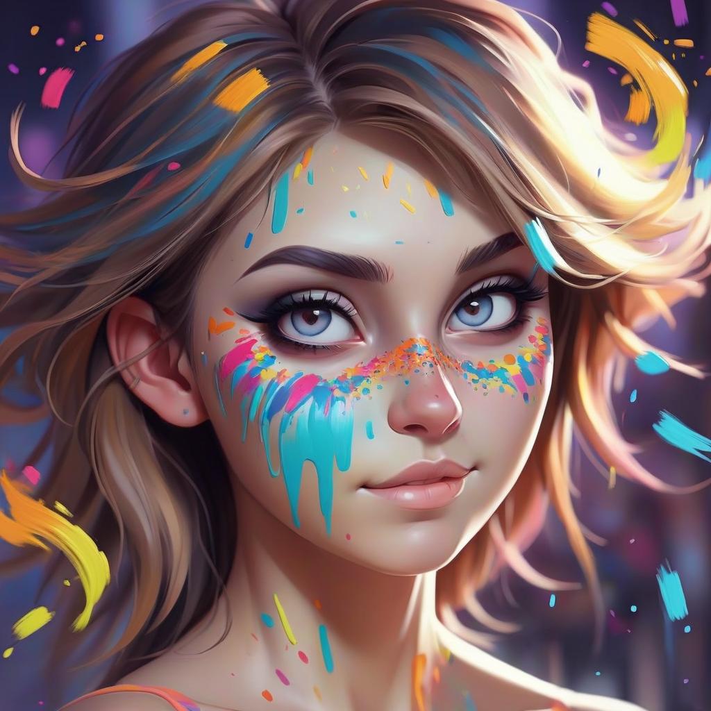  face of a girl 20 years bright, cool, background light music paint