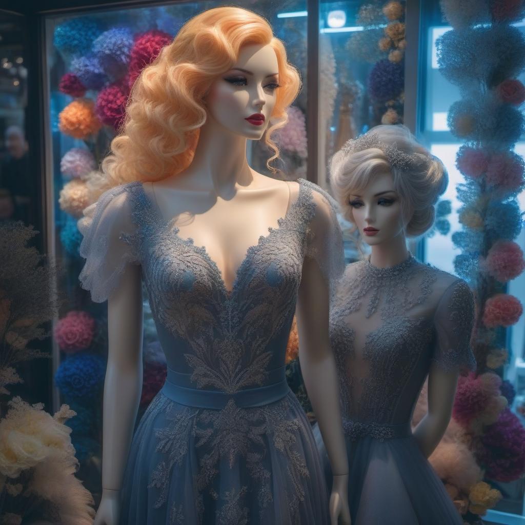  Dresses in the shop window hyperrealistic, full body, detailed clothing, highly detailed, cinematic lighting, stunningly beautiful, intricate, sharp focus, f/1. 8, 85mm, (centered image composition), (professionally color graded), ((bright soft diffused light)), volumetric fog, trending on instagram, trending on tumblr, HDR 4K, 8K