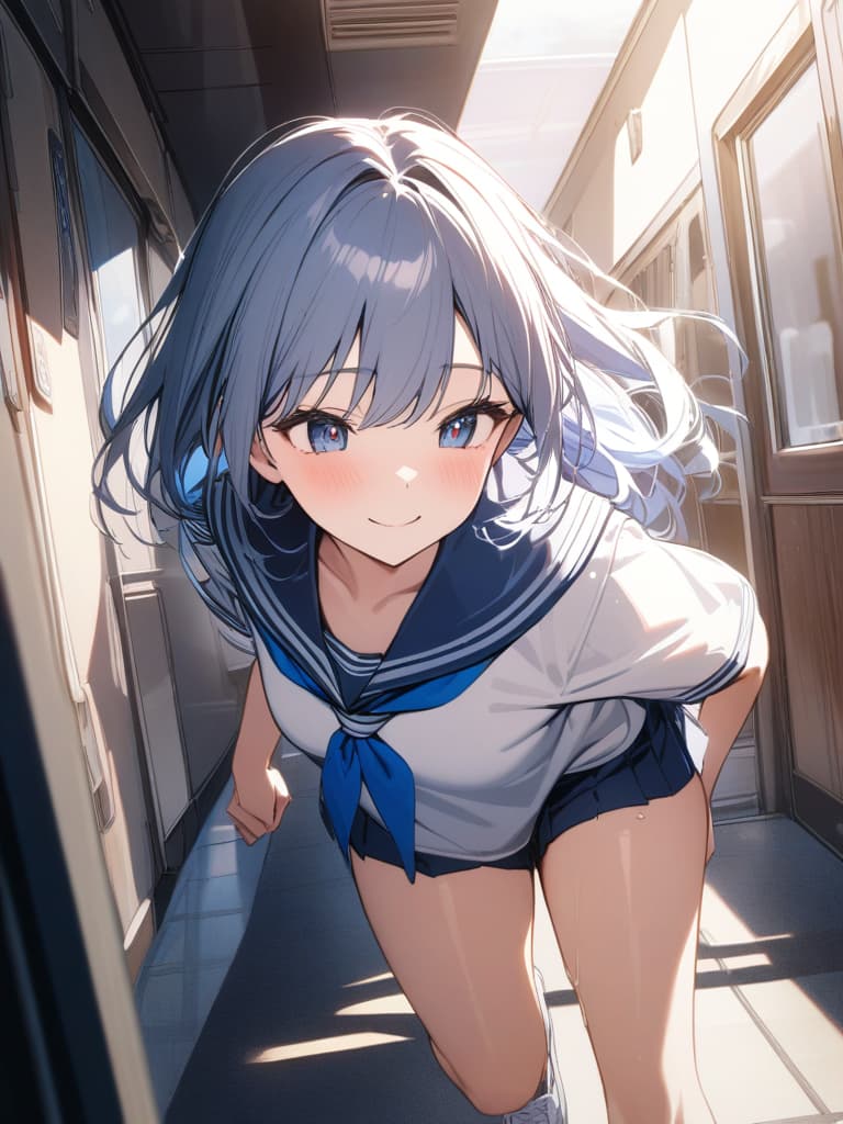  girls, high school girls, high school students, running, smiles, full smiles, running in the corridor, sailor suit, narrow eyes, masterpiece, best quality,8k,ultra detailed,high resolution,an extremely delicate and beautiful,hyper detail