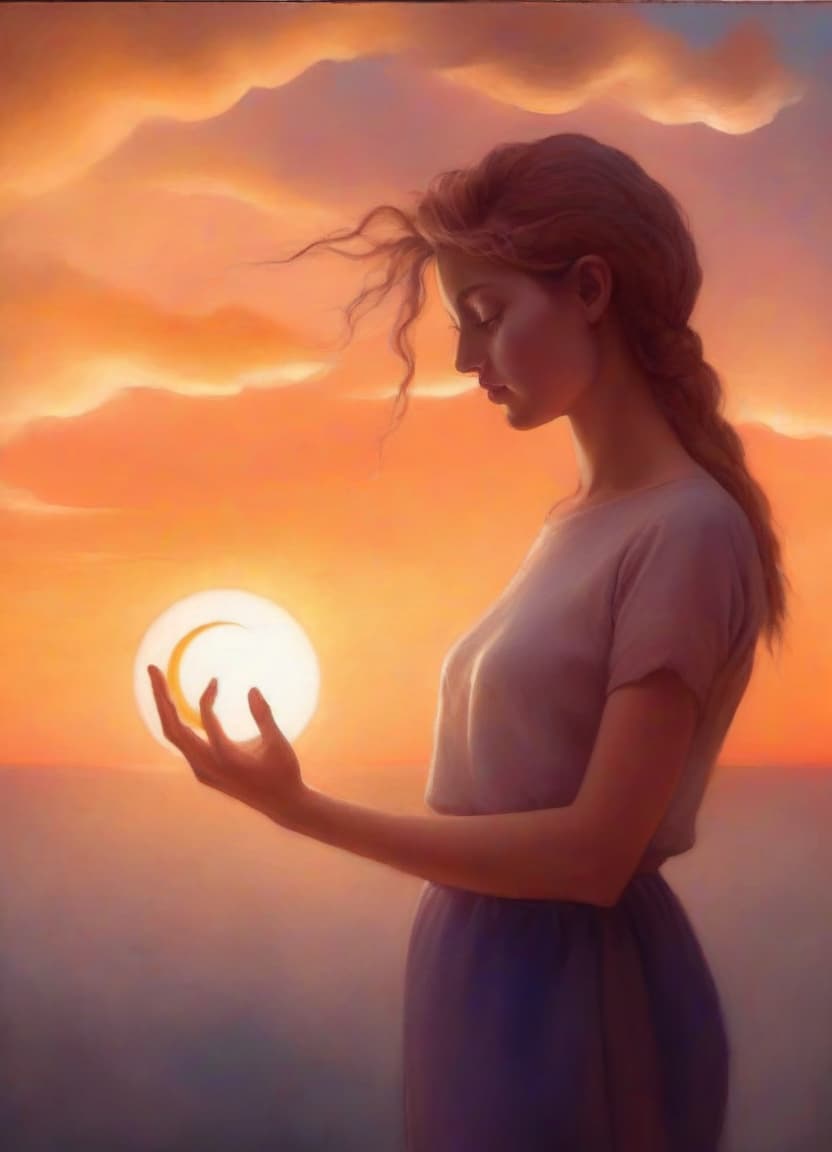  surrealist art sunset, a girl standing sideways to the viewer, looking down and holding the sun in her hand . dreamlike, mysterious, provocative, symbolic, intricate, detailed, on parchment, oil painting