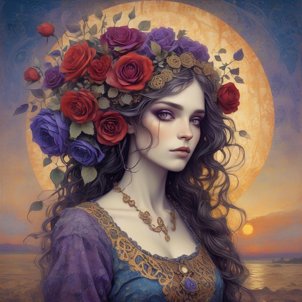  grunge style a close up full body portrait of an stylish beautiful woman dressed in klimt style with a beautiful and very detailed face,style of jean baptiste monge, van gogh style, so many kind of flowers ,roses, klimt style. sunset. background, masterpiece, use shades of purple , blue, red and green best quality, super detailed, high resolution, very detailed, 8k uhd, realistic, (natural light), amazing, fine details, best, high quality, raw photo. arte nova. ember filigree and lace. . textured, distressed, vintage, edgy, punk rock vibe, dirty, noisy