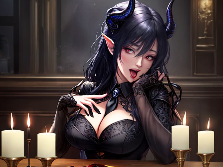  Sleek sexual demoness, beautiful face, horns, black shirt, tie, open mouth, tongue, spittle in mouth, deep throat, sits at table, fantasy, night, candles, dinner, (intricate details:0.9), (hdr, hyperdetailed:1.2) hyperrealistic, full body, detailed clothing, highly detailed, cinematic lighting, stunningly beautiful, intricate, sharp focus, f/1. 8, 85mm, (centered image composition), (professionally color graded), ((bright soft diffused light)), volumetric fog, trending on instagram, trending on tumblr, HDR 4K, 8K