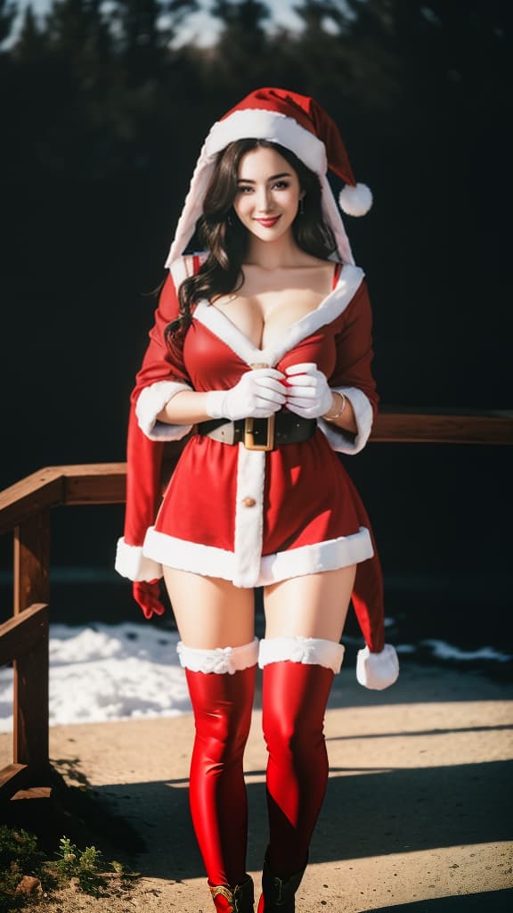  ((insanely beautiful russian girl wearing Santa Claus costume)), (looking ravishing in Santa Claus costume), smiling, young, beautiful face, looking at the viewer, fair skin, long black shiny hair, outdoor, sunny day, buxom, vibrant colours, perfect lighting, UHD, HDR, 8k, hyperrealistic, full body, detailed clothing, highly detailed, cinematic lighting, stunningly beautiful, intricate, sharp focus, f/1. 8, 85mm, (centered image composition), (professionally color graded), ((bright soft diffused light)), volumetric fog, trending on instagram, trending on tumblr, HDR 4K, 8K