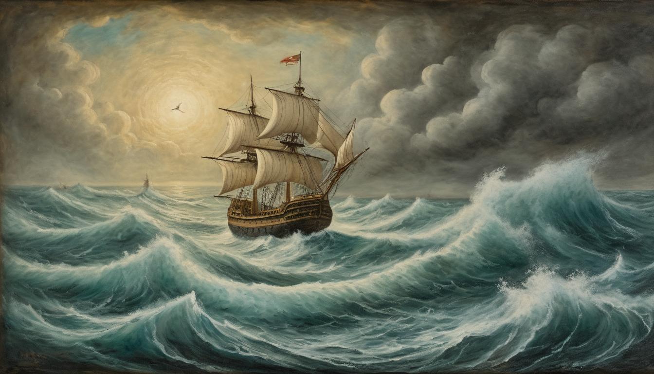  on parchment, surrealism++, open ocean with stormy waves, ship changing its course, sense of determination and direction, vast, tumultuous, dynamic(mysterious, provocative, symbolic)++