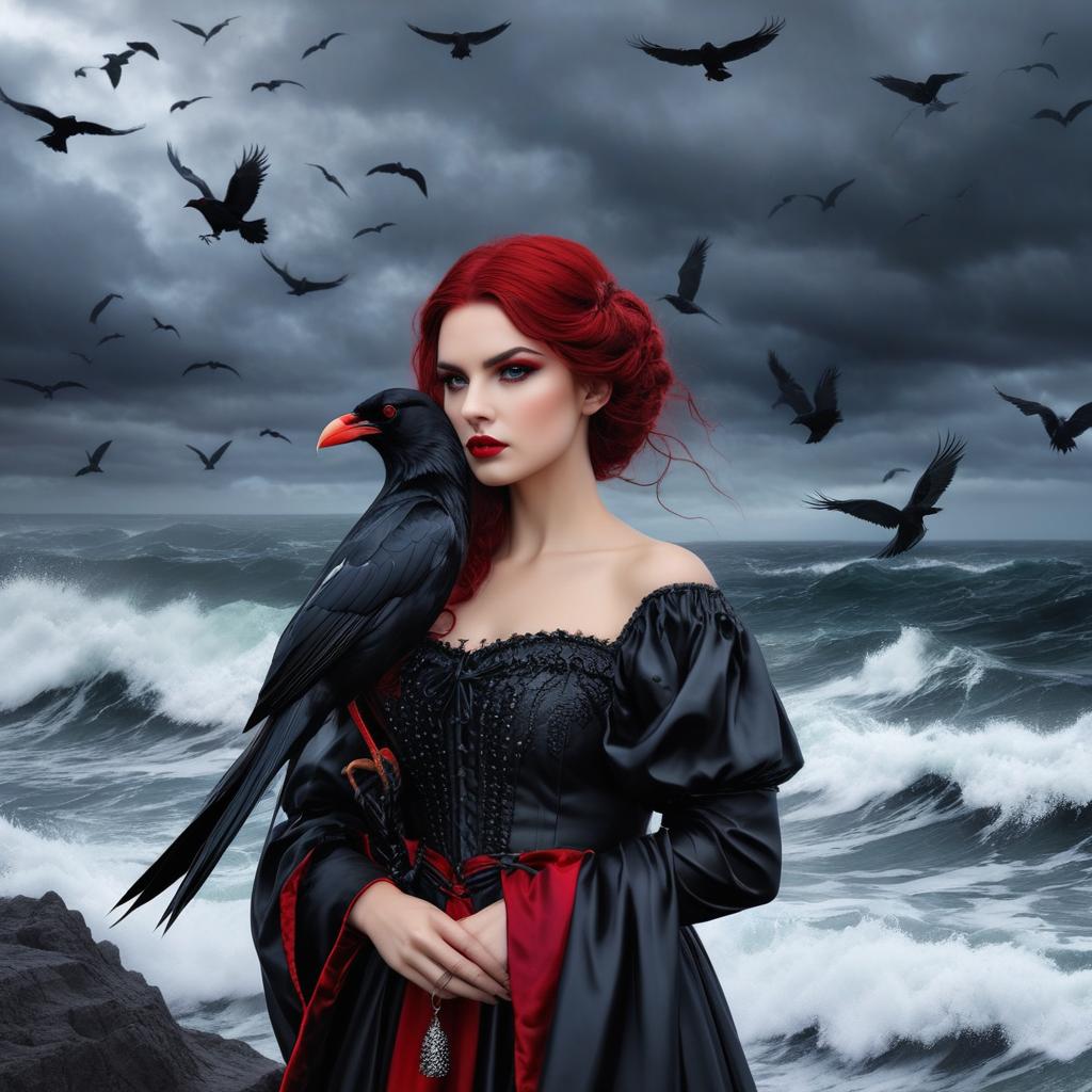  the goddess nyx with a black crow that has blood red eyes by a stormy sea photo realistic, highly intricate and detailed, masterpiece, ultra high res,photography,8k resolution