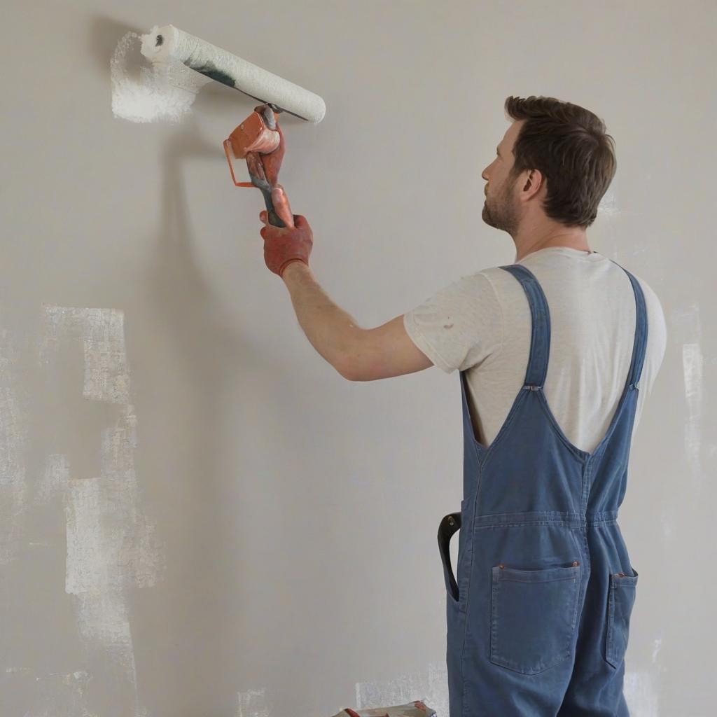  a man in overalls paints a wall with a roller