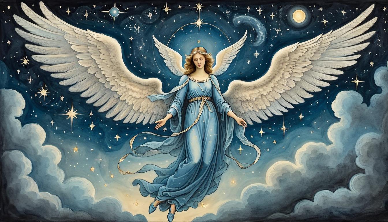  on parchment, surrealism+++, a glowing constellation in the night sky, depicting an angel, celestial guidance, insight(mysterious, provocative, symbolic,muted color)+++