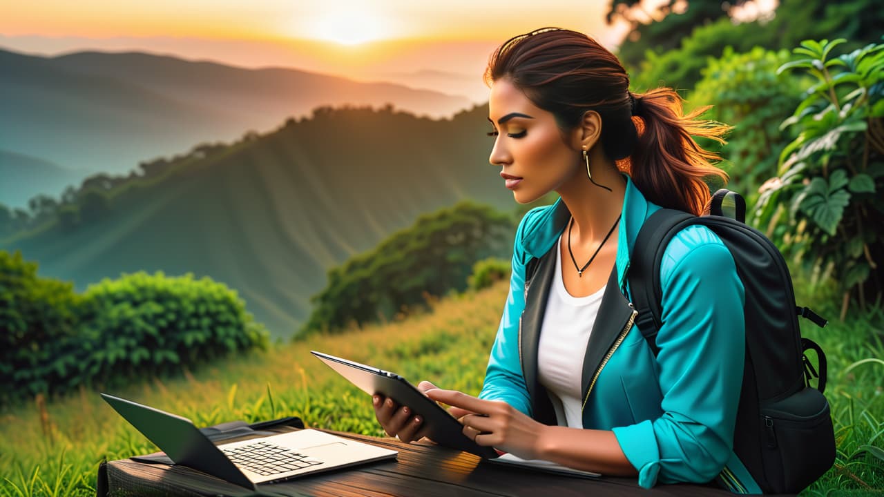  a serene outdoor setting where a beginner photographer captures a sunset, with a camera in hand, a notepad for pricing notes nearby, and a laptop displaying freelance photography websites, surrounded by lush greenery. hyperrealistic, full body, detailed clothing, highly detailed, cinematic lighting, stunningly beautiful, intricate, sharp focus, f/1. 8, 85mm, (centered image composition), (professionally color graded), ((bright soft diffused light)), volumetric fog, trending on instagram, trending on tumblr, HDR 4K, 8K