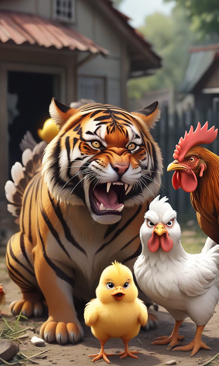  draw in one picture a growling tiger, a caring chicken with chickens and a sad dog