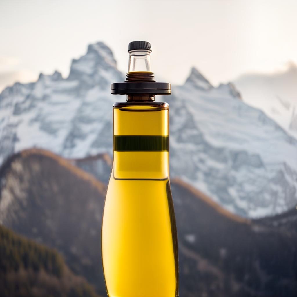  A bottle filled with cannaabis oil, between switzerland mountains, raw photo, promotional photo shoot, creative, best quality, masterpiece