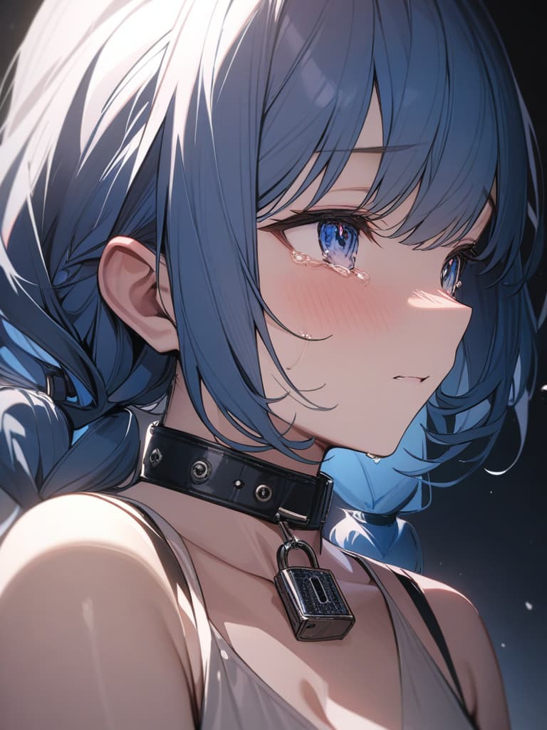  twin tails, blue hair, , , crying face,, small s,,,,,,, with a lock, s, skin, a collar, gles , gles , ren wearing gles, ren, masterpiece, best quality,8k,ultra detailed,high resolution,an extremely delicate and beautiful,hyper detail