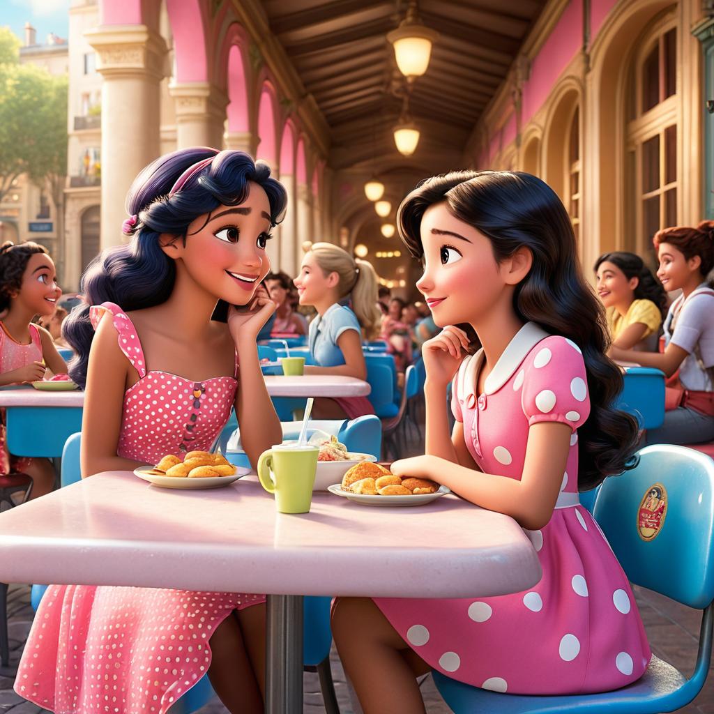  in 3d animated movie style. disney pixar style. paris, a curious and kind in a pink dress with white polka dots, sitting next to luna. high resolution pixar 3d animated film style with detailed rendering and lifelike textures. bright and soft lighting, creating a warm and inviting atmosphere. heartwarming close up shot focusing on paris and luna's interaction, capturing the joy and friendship in their expressions. a vint and colorful cafeteria during lunchtime, with lunch tables and other students in the background.