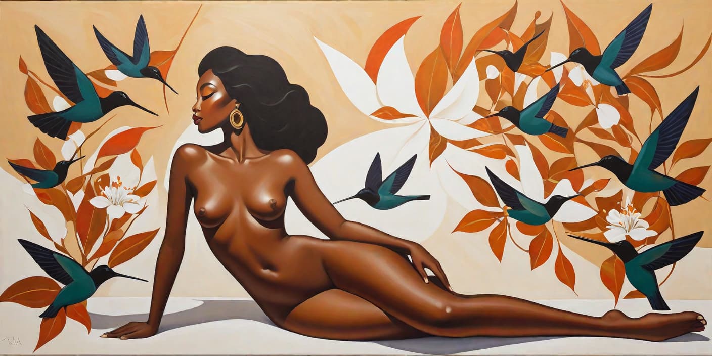  minimalism, painting of a beautiful black woman. she lays, surrounded by hummingbirds and trumpet flowers. naked. she has brown legs. she has brown feet. she is in a divine pose., abstract, simple geometic shapes, hard edges, sleek contours, minimalism