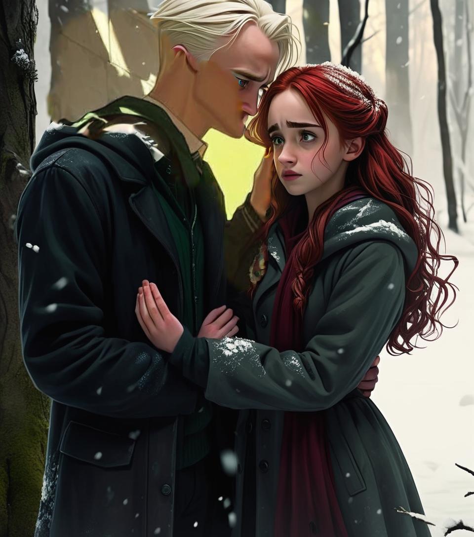  two adults in the image. hermione granger and draco malfoy. a guy with a girl on the background of a snowy forest. the picture should feel tension, fear, on the street at night. the girl holds his hands and cries. their hands are stained in red. hermione brown hair guy has white hair the picture is dark, frightening, dark tones