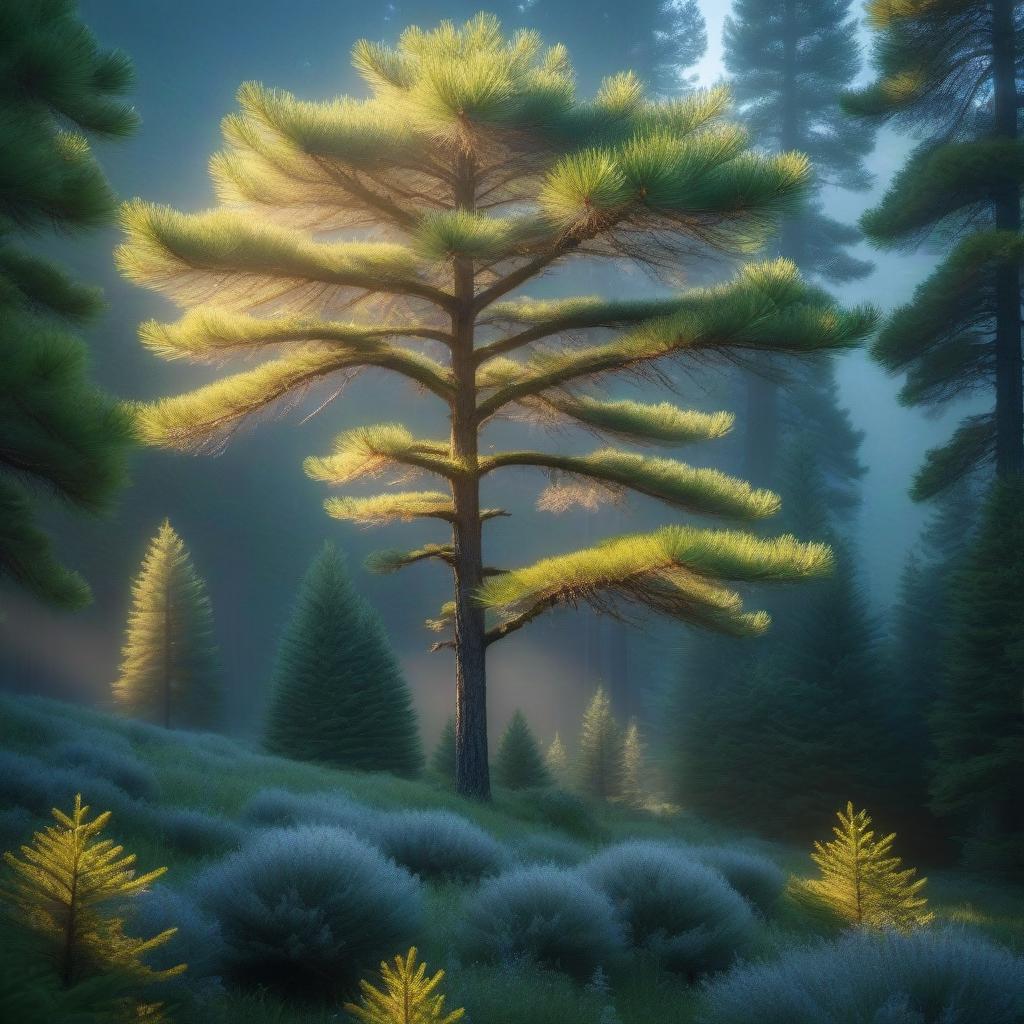  A pine tree in a summer meadow hyperrealistic, full body, detailed clothing, highly detailed, cinematic lighting, stunningly beautiful, intricate, sharp focus, f/1. 8, 85mm, (centered image composition), (professionally color graded), ((bright soft diffused light)), volumetric fog, trending on instagram, trending on tumblr, HDR 4K, 8K