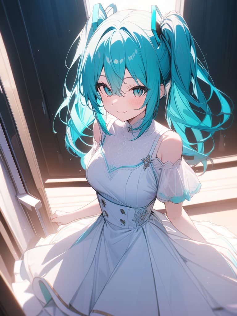  hatsune miku, white dress, cute, happybirthday, smile, masterpiece, best quality,8k,ultra detailed,high resolution,an extremely delicate and beautiful,hyper detail