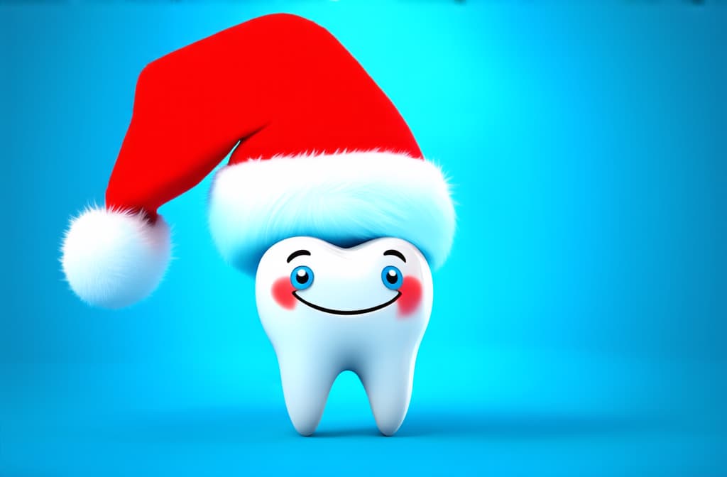  epic realistic, hyperdetailed, (cycles render:1.3), caustics, (glossy:0.58), (artstation:0.82),white smiling tooth in santa's hat to the left side of image against light blue background with space for text ar 3:2