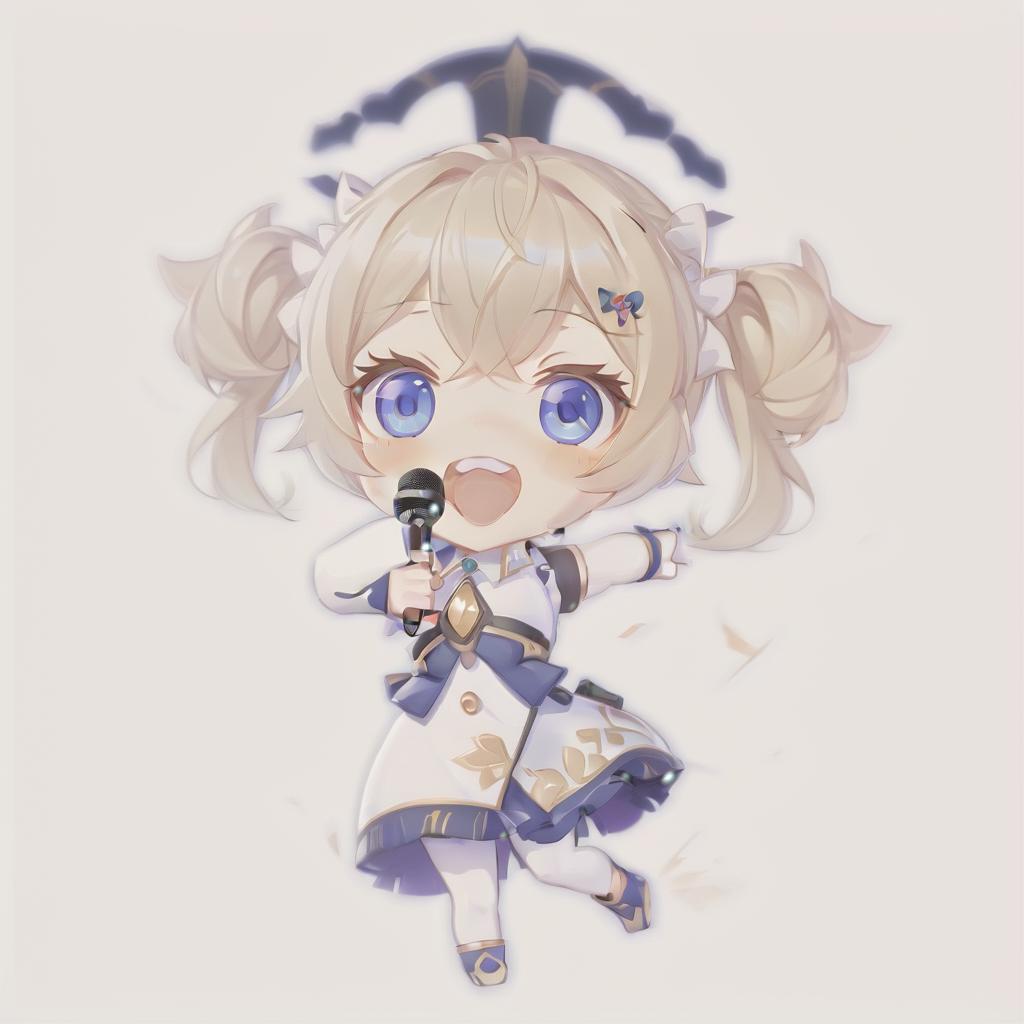  anime artwork anime chibi cute girl barbara from genshin impact with microphone in hand . anime style, key visual, vibrant, studio anime, highly detailed, perfect hands