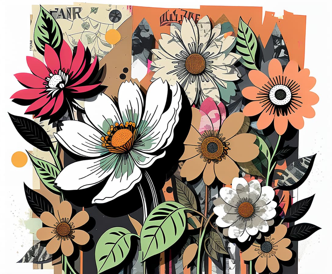  collage style flowering . mixed media, layered, textural, detailed, artistic, t shirt design