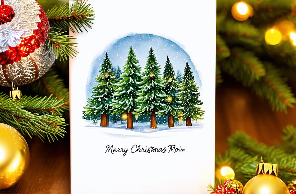  beautiful christmas card with winter forest and decor in watercolor technique ar 3:2 {prompt}, maximum details