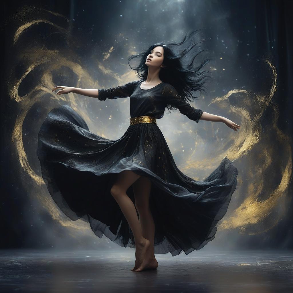  ethereal fantasy concept art of a girl with black hair dances in the studio, where she is filmed by a cameraman. space style is dominated by black colors with gold . magnificent, celestial, ethereal, painterly, epic, majestic, magical, fantasy art, cover art, dreamy