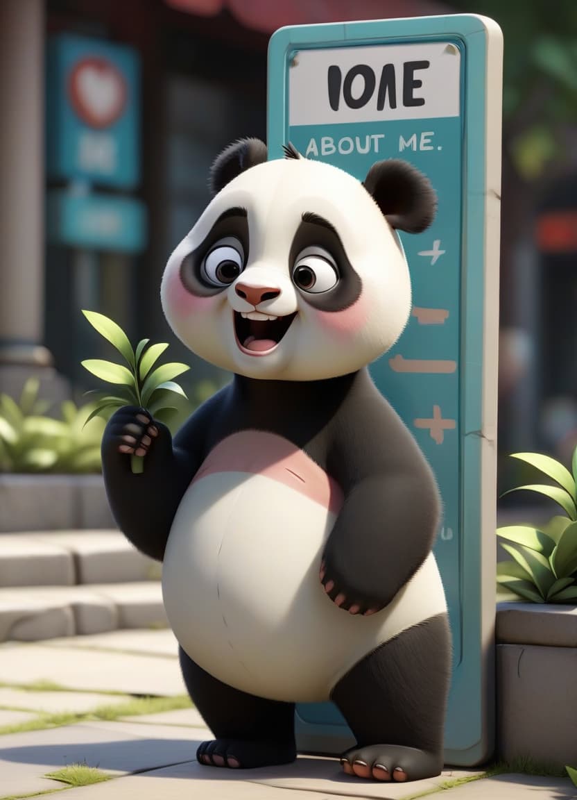  the little cartoon panda looks up at the sign that says “about me” with a slight smile.