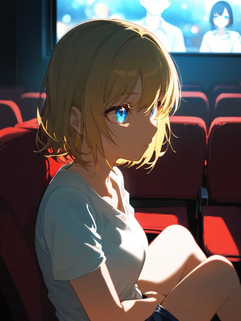  ((yellow hair,bob hair,blue eyes,shining eyes)),((movie theater,watching a movie,sitting in a chair,image reflected in eyes: 1.5)),((shorts,summery t shirt,short sleeves,inside a movie theater,clear shadows,engrossed in the movie))、ultra detailed,best shadow,cute and beautiful face,(masterpiece:1.2),(best quality:1.2),detailed background,high contrast,(best illumination,an extremely delicate and beautiful),((cinematic light)),hyper detail,dramatic light,intricate details,8k,anime,very aesthetic