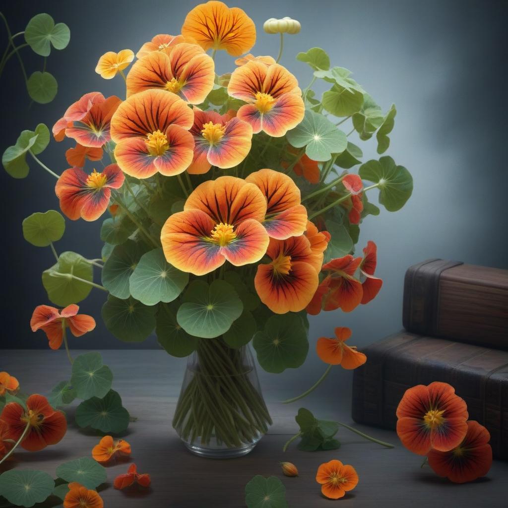  Bouquet of nasturtiums hyperrealistic, full body, detailed clothing, highly detailed, cinematic lighting, stunningly beautiful, intricate, sharp focus, f/1. 8, 85mm, (centered image composition), (professionally color graded), ((bright soft diffused light)), volumetric fog, trending on instagram, trending on tumblr, HDR 4K, 8K