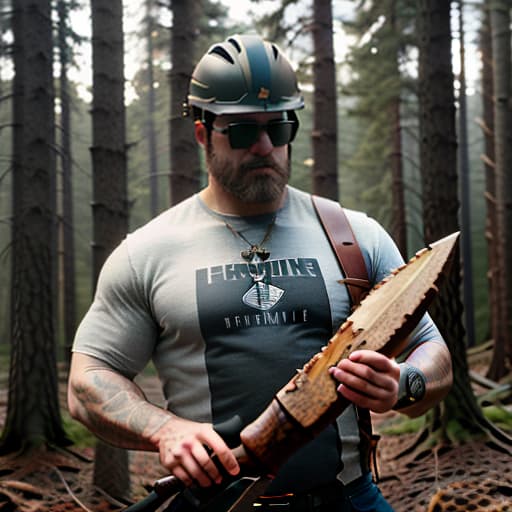  A brutal man, a lumberjack, in a helmet, with dark glasses and an axe in his hands. hyperrealistic, full body, detailed clothing, highly detailed, cinematic lighting, stunningly beautiful, intricate, sharp focus, f/1. 8, 85mm, (centered image composition), (professionally color graded), ((bright soft diffused light)), volumetric fog, trending on instagram, trending on tumblr, HDR 4K, 8K
