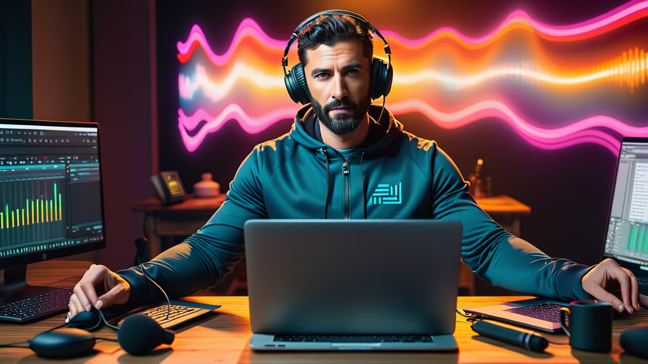  a cozy studio filled with microphones, headphones, and sound equipment. a laptop displays audio editing software. a person is animatedly speaking into a mic, surrounded by colorful sound wave graphics in the background. hyperrealistic, full body, detailed clothing, highly detailed, cinematic lighting, stunningly beautiful, intricate, sharp focus, f/1. 8, 85mm, (centered image composition), (professionally color graded), ((bright soft diffused light)), volumetric fog, trending on instagram, trending on tumblr, HDR 4K, 8K