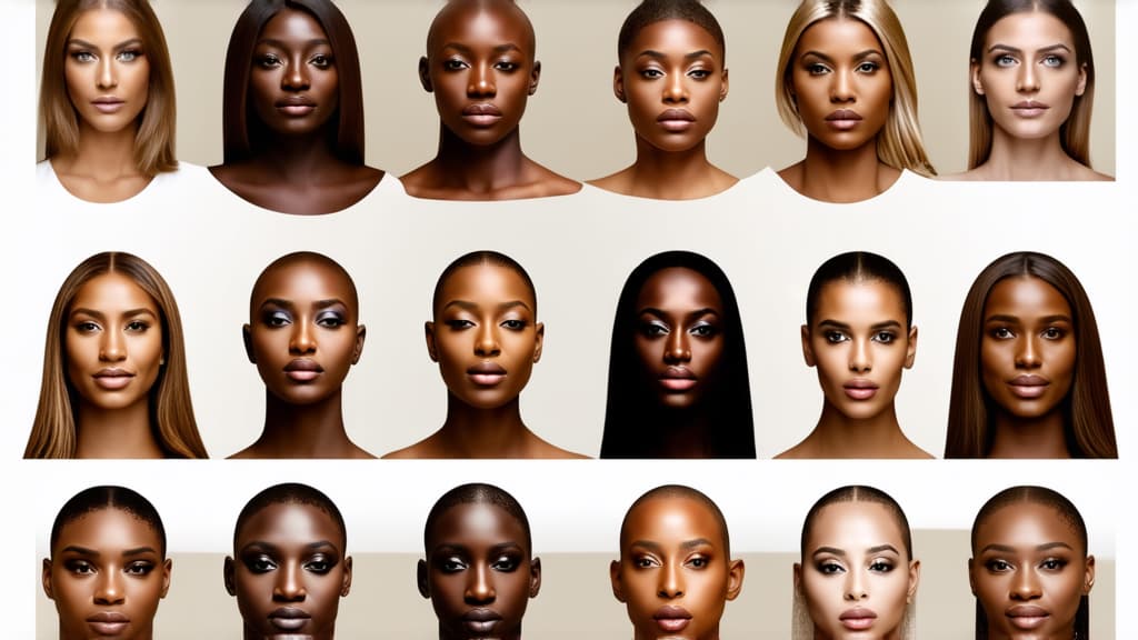  different beauty. set of different female heads on light background. different races and nationalities. ar 16:9, (natural skin texture), highly detailed face, depth of field, hyperrealism, soft light, muted colors