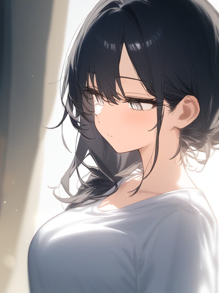  sleepy eyes,long eyelashes,1 girl,white eyes,black hair,white shirt